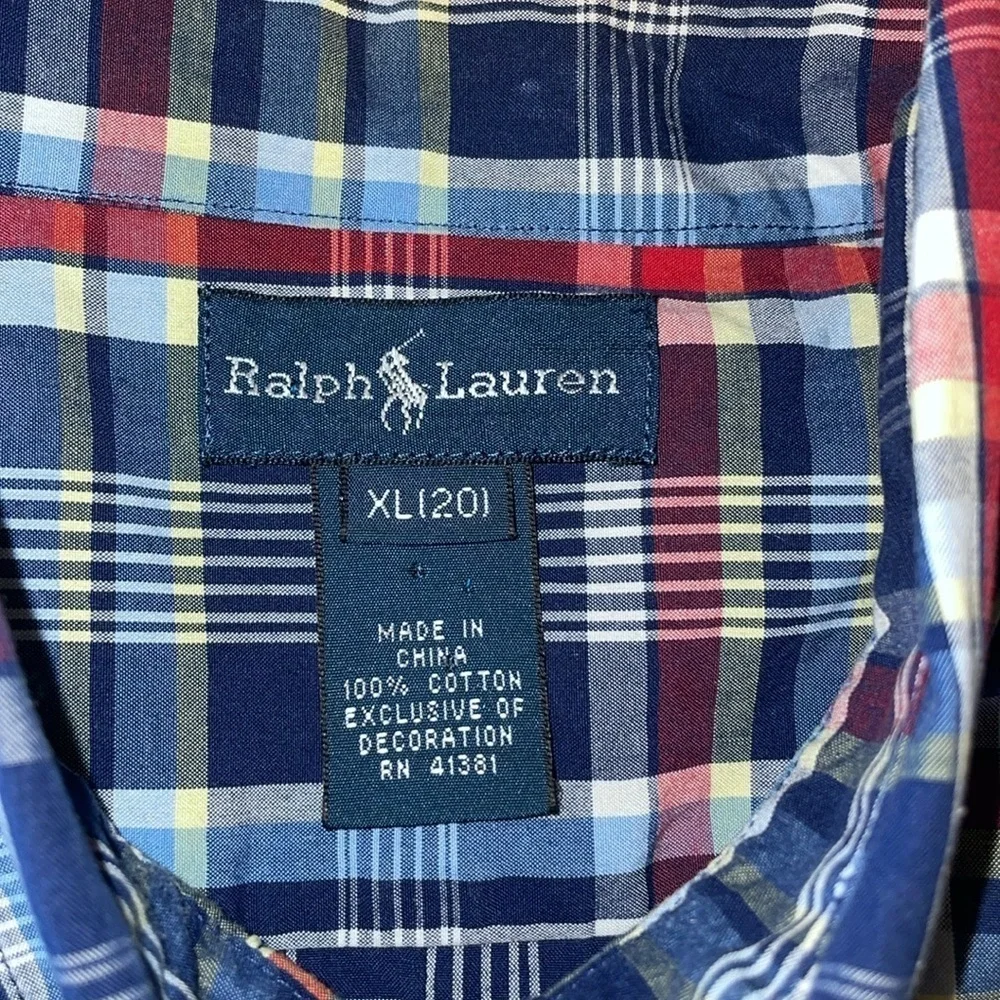 Ralph Lauren Kids XL Blue Plaid Short Sleeve Button Down Shirt